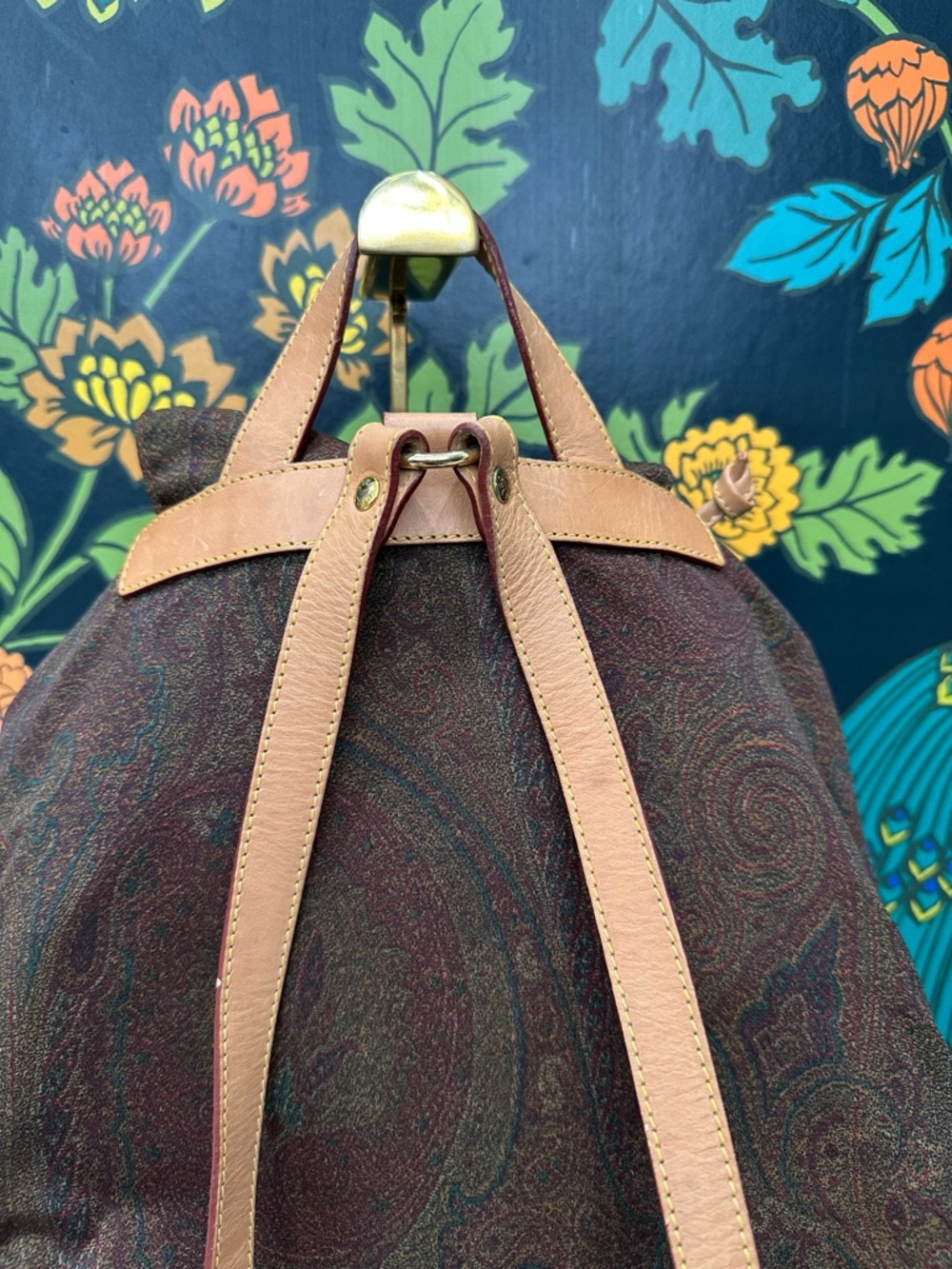 Etro Milano Vintage Paisley Backpack Leather Trim Boho Luxury Italy - Picture 9 of 13